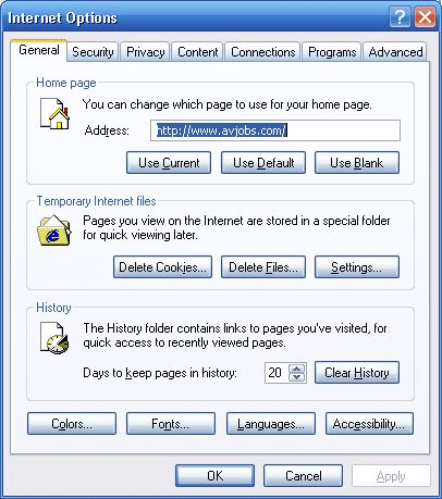 Internet Options Screen