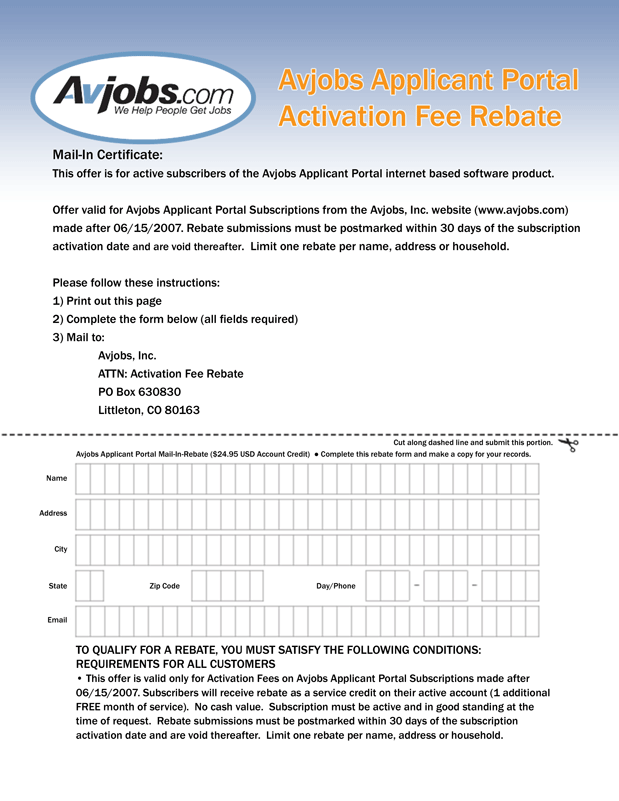 Avjobs Applicant System - Activation Fee Rebate Form